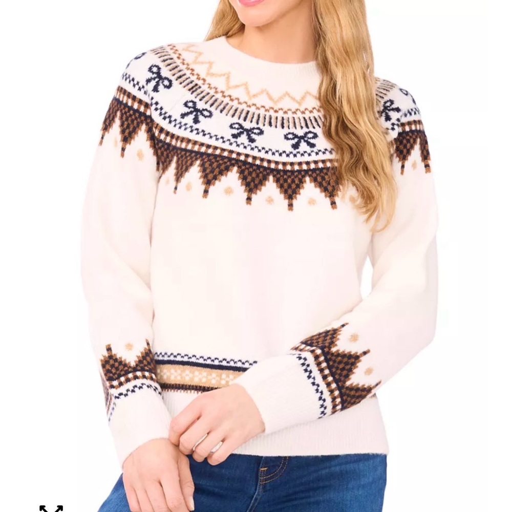 CeCe Fair Isle Bow Pattern Sweater Ivory Brown Crewneck Cozy Knit XS